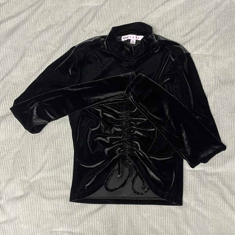 Black Velvet Long Sleeve Ruched Top, Crave Fame, Size XS